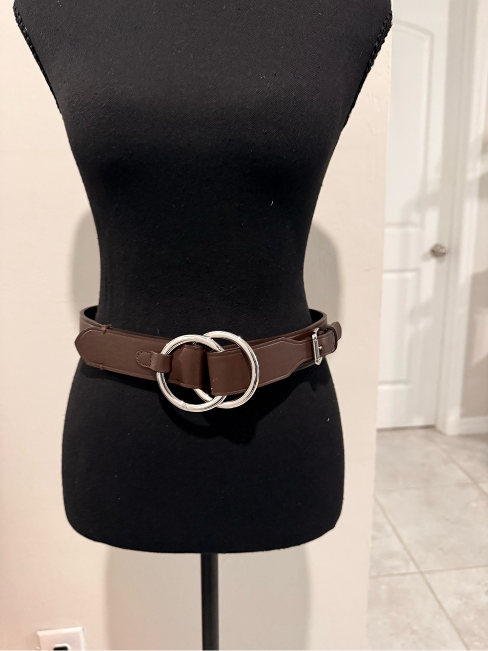 Lauren Ralph Lauren Brown Leather Belt with Silver Double-Ring Buckle